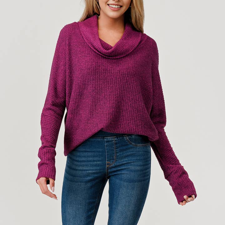 Brushed Knit Cowl Neck Tunic Top - Majenta