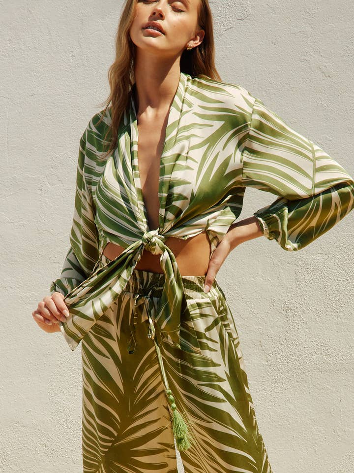 Tropical Adventures Knot Front Shirt - Palm Fronds