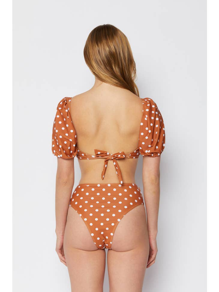 Puff Sleeve Swimsuit - Brick White Dot