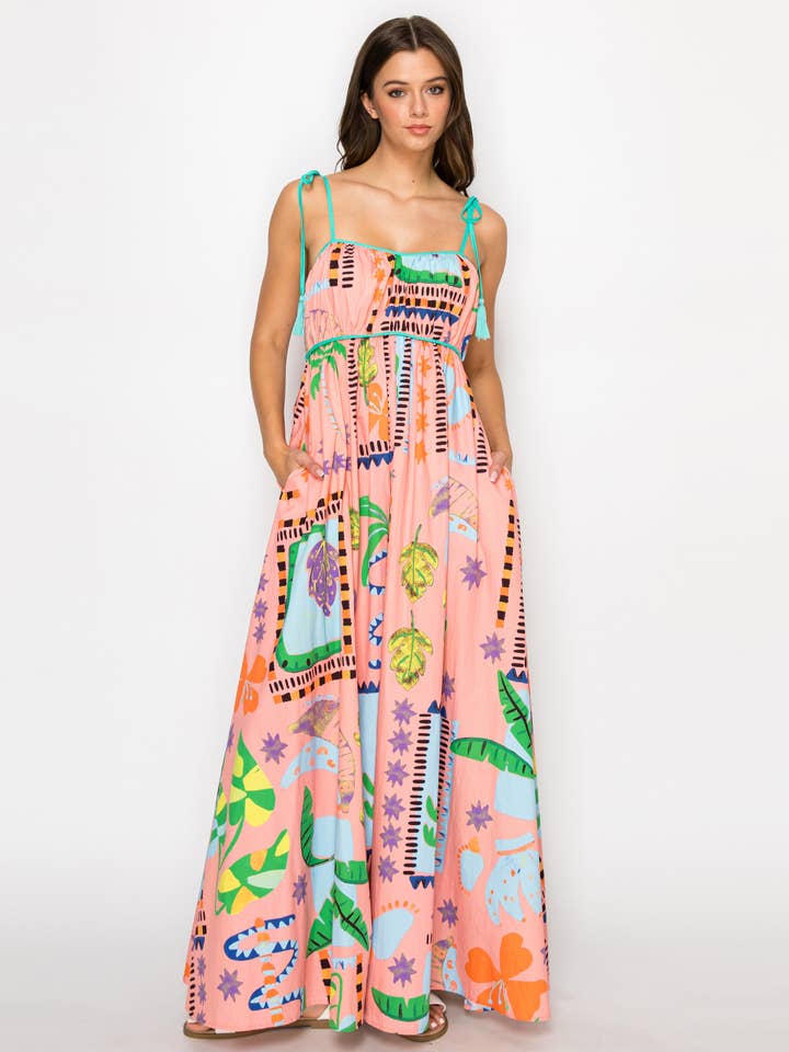Retro Tropical Print Maxi Dress - Coral