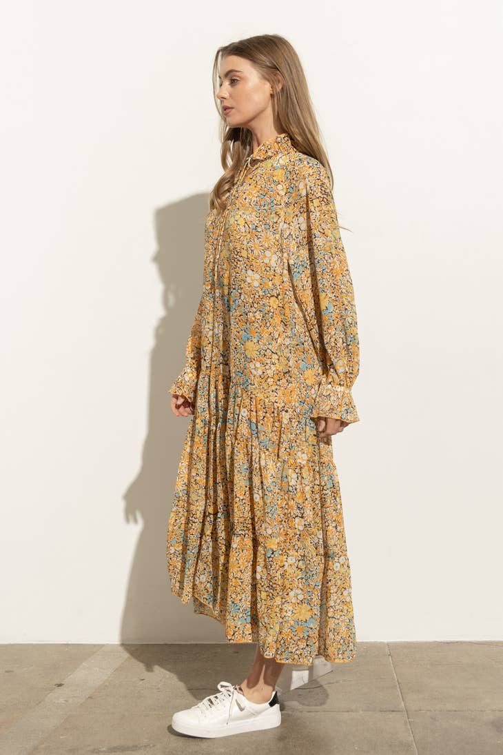 Ruffle Neck Tiered Maxi Dress - Mustard Multi