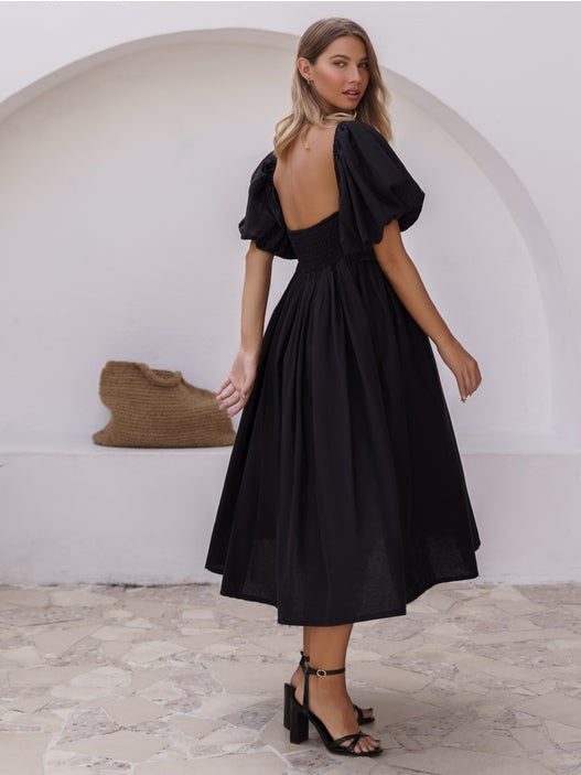 Cherie Puff Sleeve Midi Dress - Black