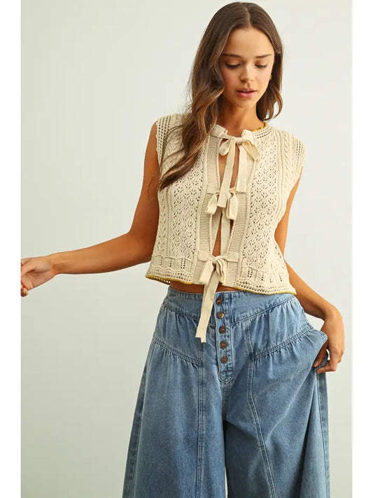 Tie Front Crochet Vest - Beige