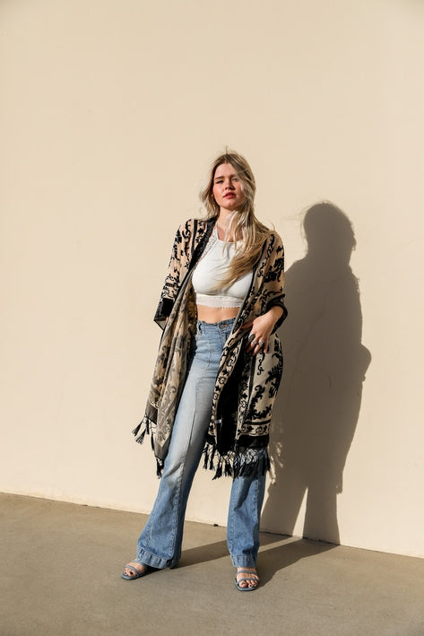 Velvet Mesh Tapestry Tassel Kimono - Black