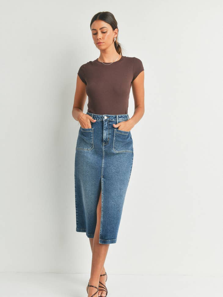 Utility Pocket Midi Skirt - Dark Wash