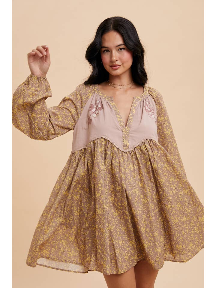Embroidered Babydoll Dress - Fawn