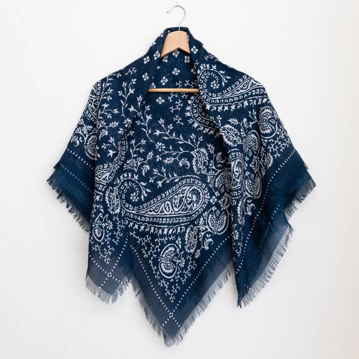 Oversize Fringe Bandana - Paisley in Navy