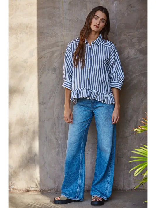 Ruffle Hem Button Down - Ivory/Blue