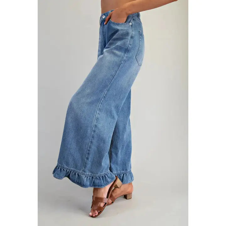 Mineral Washed Ruffle Hem Jeans - Denim