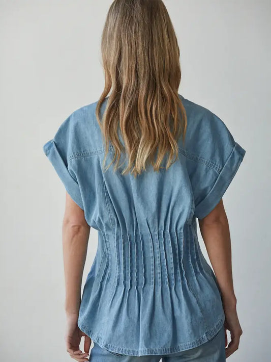 Pleated Button Down Top - Light Denim