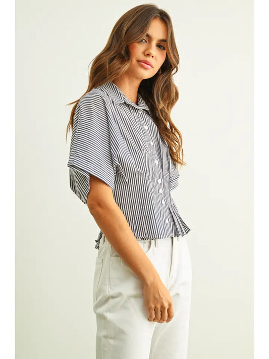 Pleated Waist Button Down - Navy