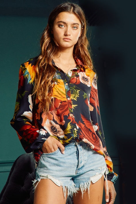 Semi-Sheer Floral Print Blouse
