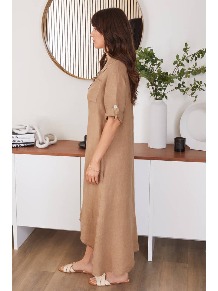 Linen Pocket Dress - Camel