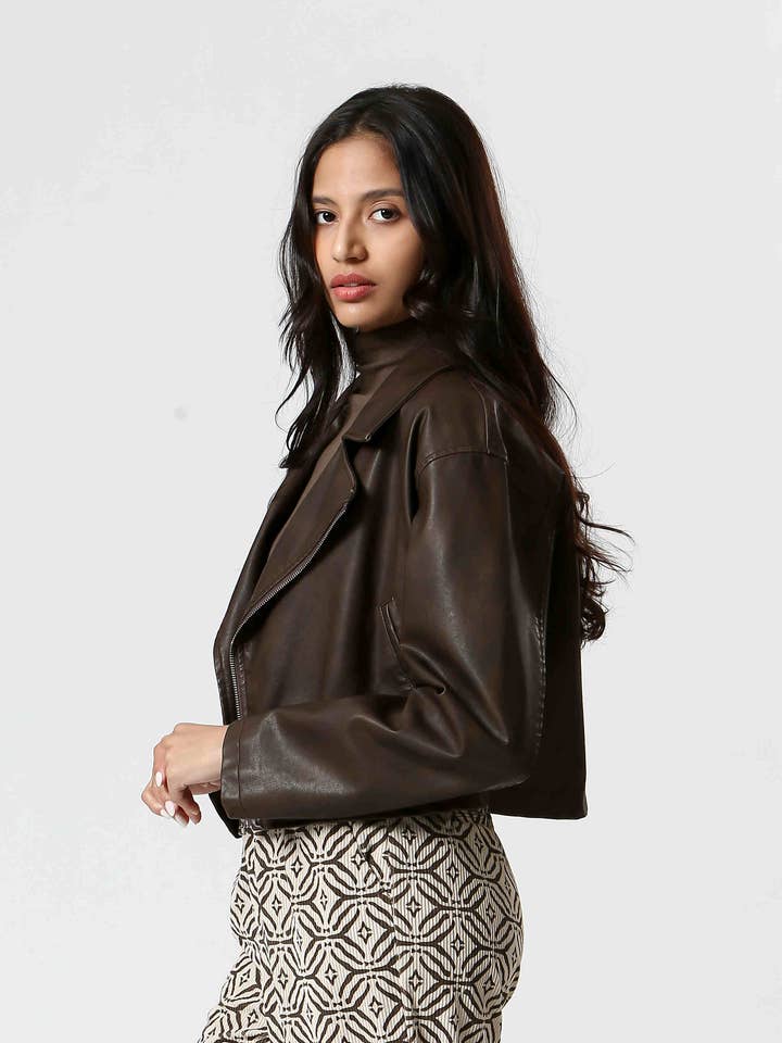 Zipper Faux Leather Jacket - Brown