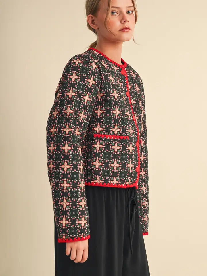 Quilted Floral Jacket - Deep Green