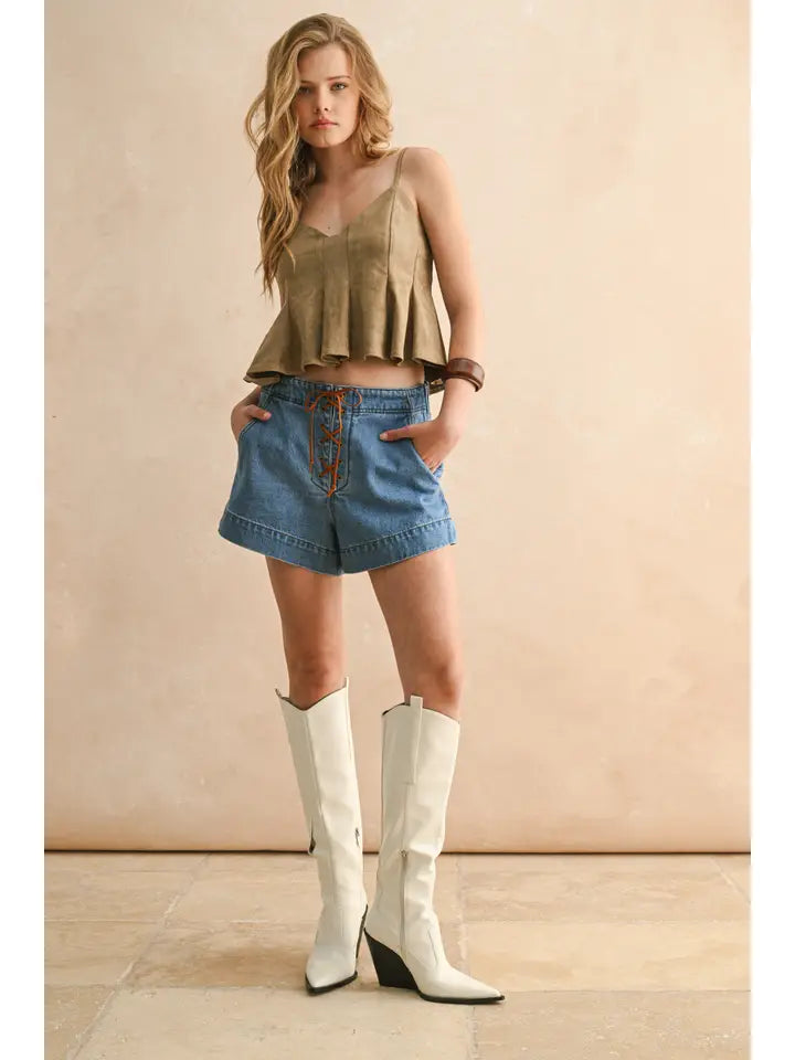 Suede Lace-Up Shorts - Denim