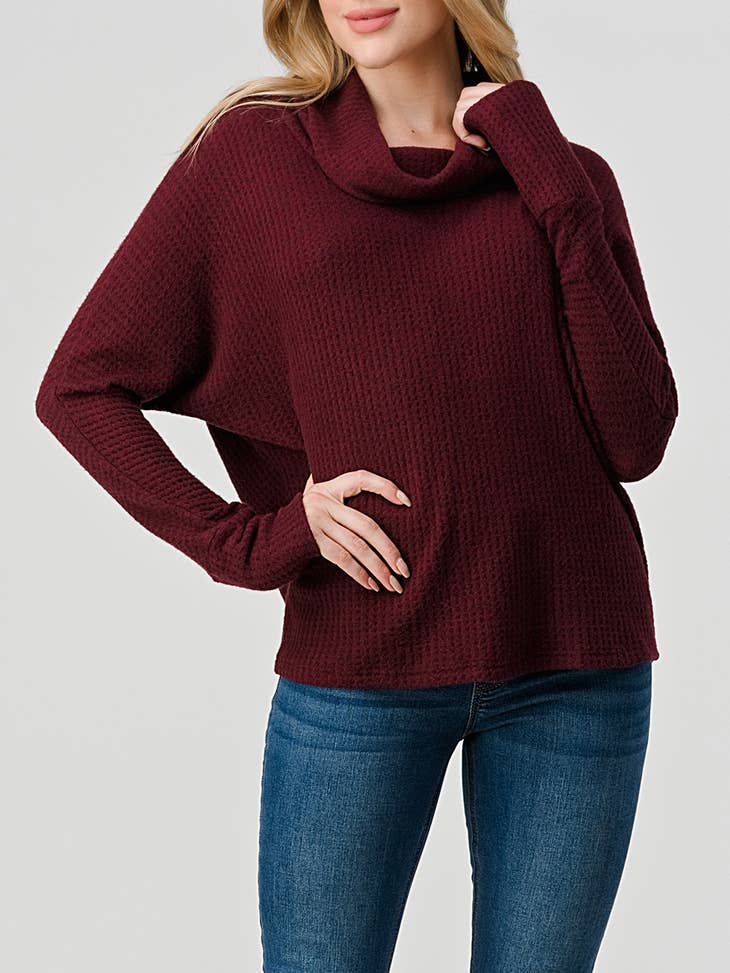 Brushed Knit Cowl Neck Tunic Top - Burgundy
