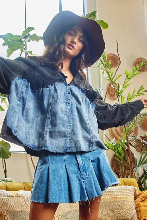 Lace Trimmed Color Block Denim Pullover