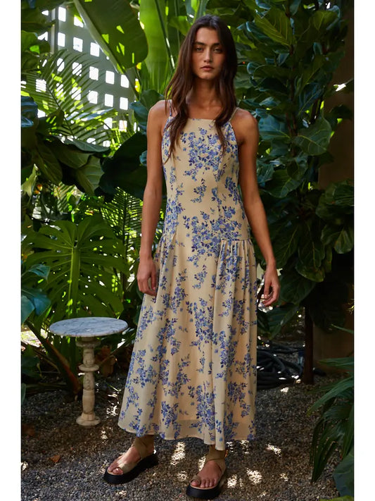 Floral Drop Waist Midi Dress - Lemon Blue