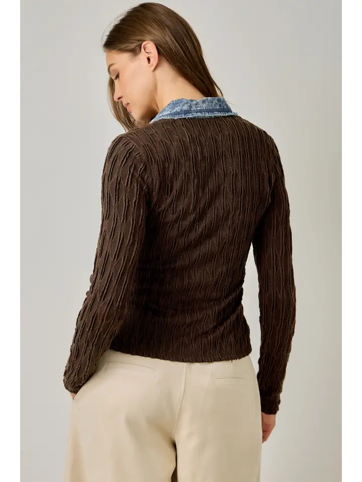 Denim Mix Henley Top - Choco Brown
