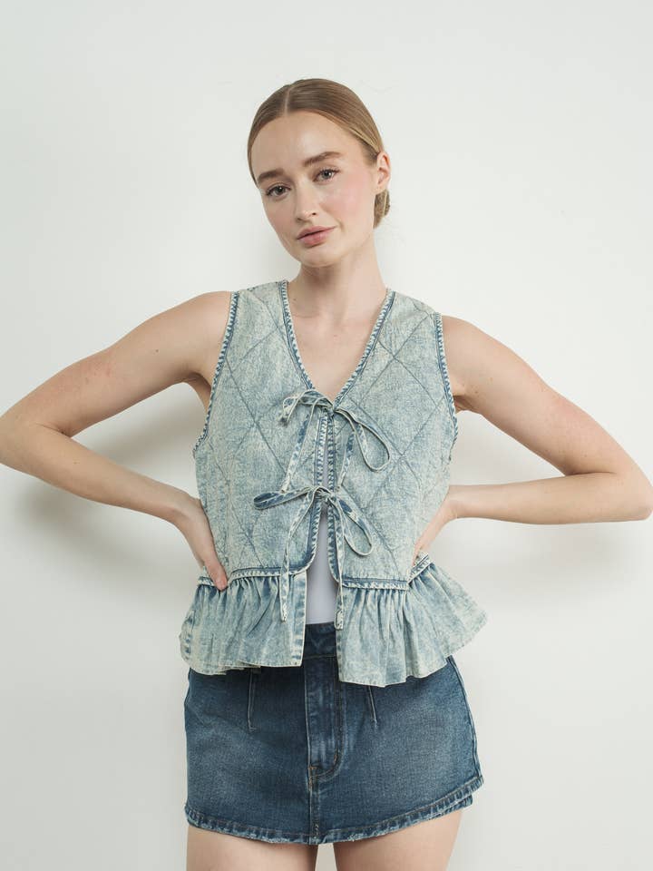 Ruffle Bottom Denim Vest - Medium Wash