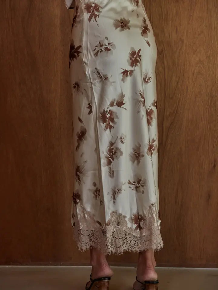 Lace Trim Floral Midi Skirt - Cream Brown