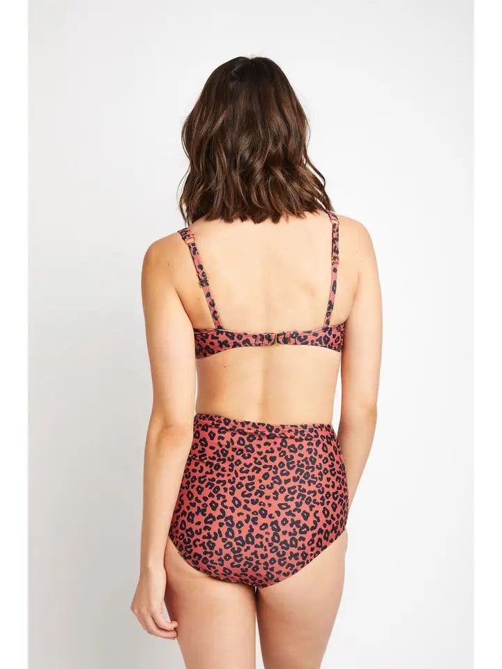 High Waisted Crossed Swimsuit - Brick Leopard