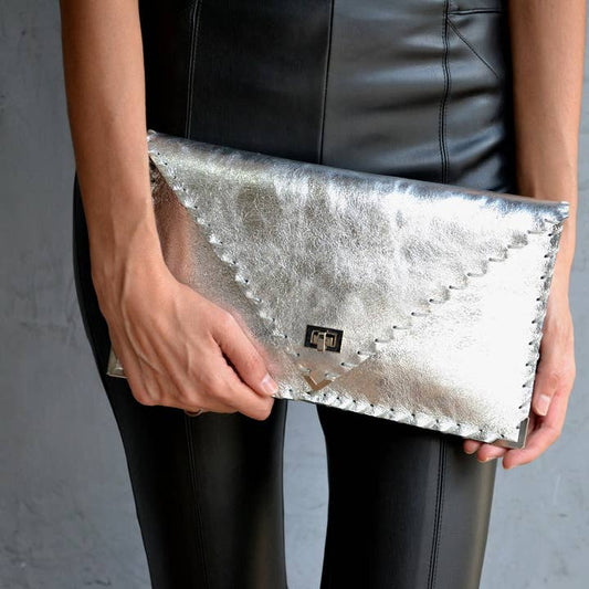 Symmetria Leather Clutch - Silver