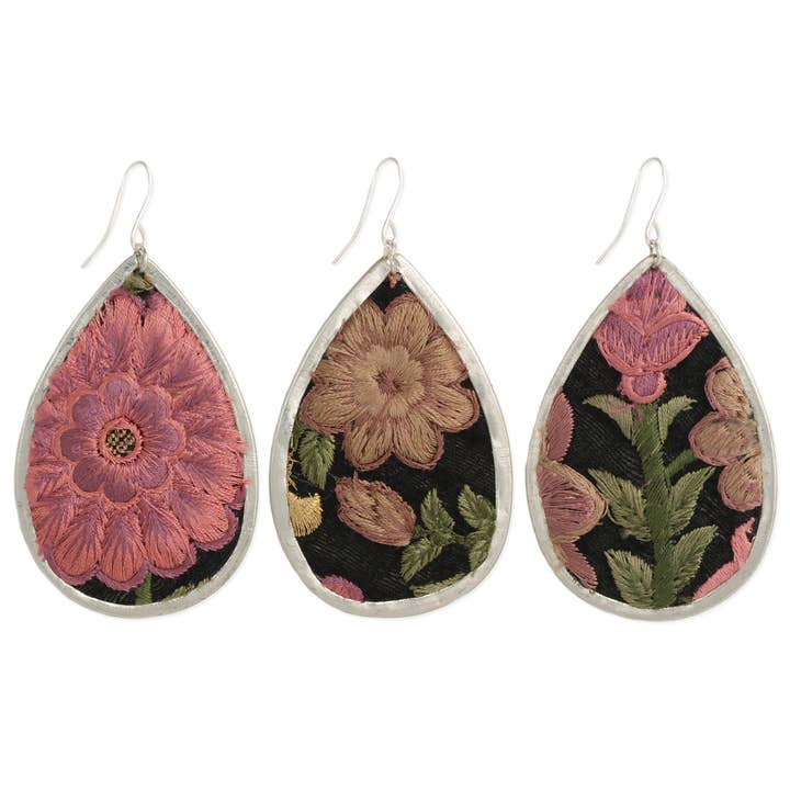 Embroidered Earrings - Pink Floral Elegance