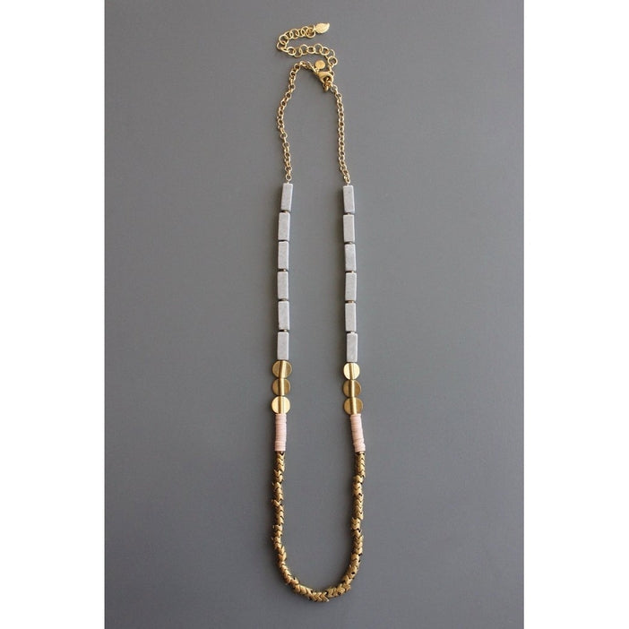 Gray Stone and Brass Snake Bead Necklace