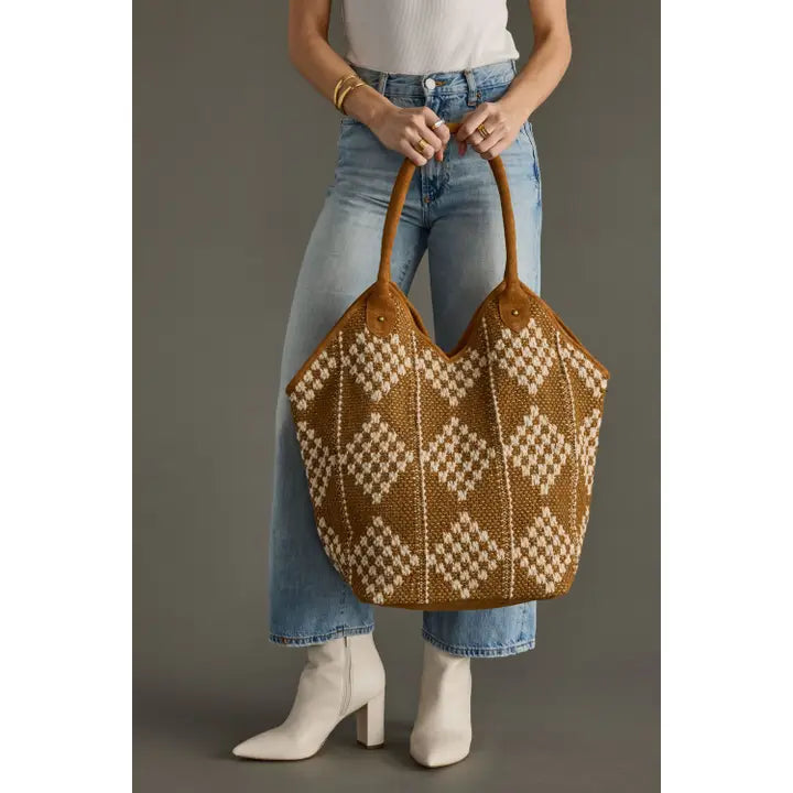Diamond Pattern Tote - Brown & Cream