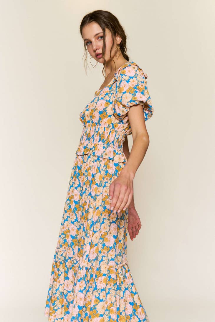 Ruffle Midi Dress - Blue Multi Floral