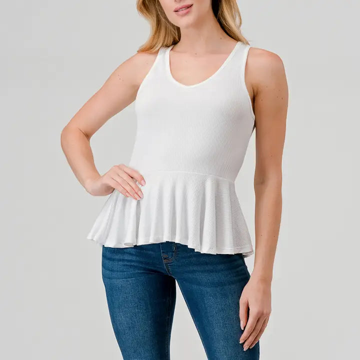 Peplum Ribbed Tank - White