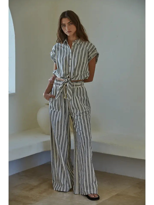 Striped Waist Tie Top - Linen Black