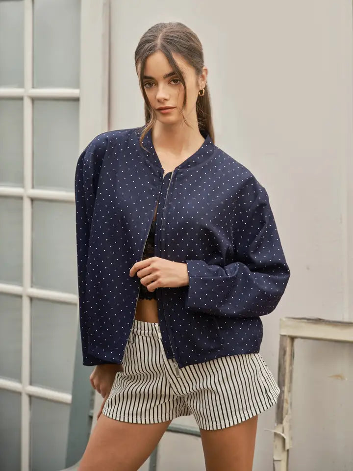 Dot Print Bomber Jacket - Navy