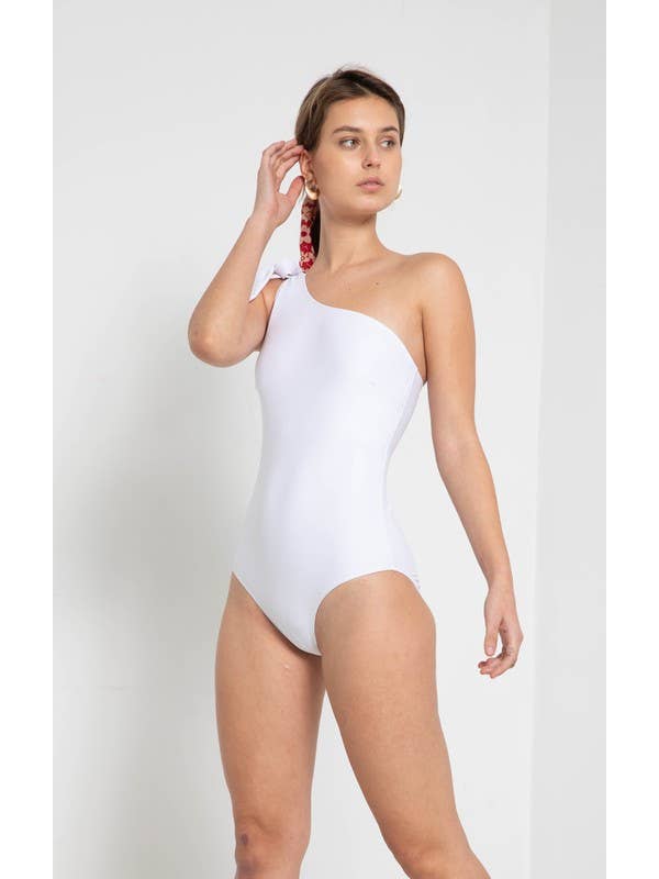 One-Off Shoulder Tie Swimsuit - White