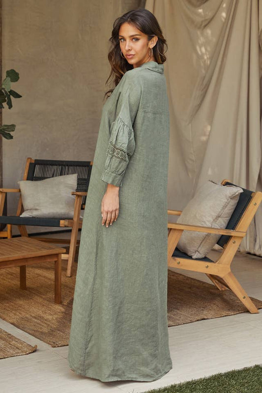 Linen Mesh Sleeve Maxi Dress - Army Green