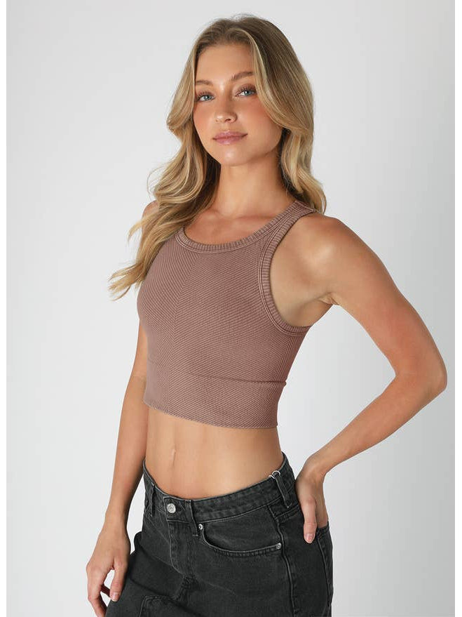 Chevron Highneck Crop Top - Vintage Mocha