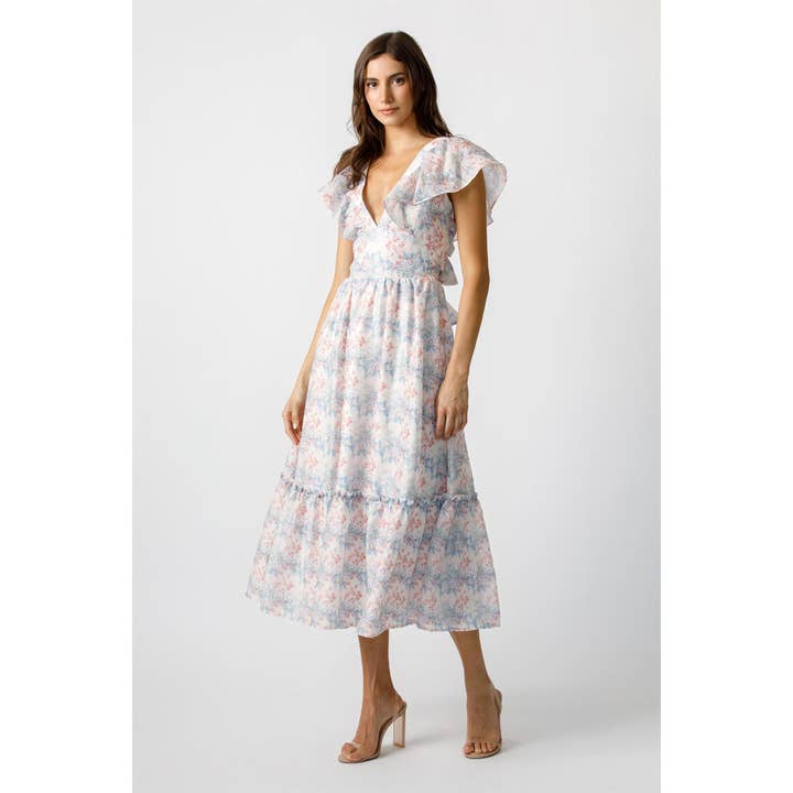 Ruffle Sleeve Midi Dress - White Multi