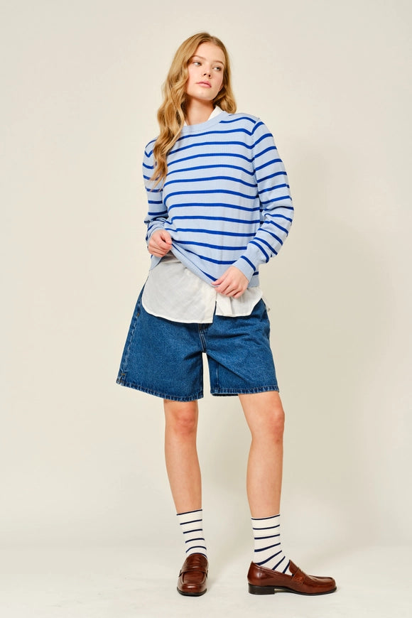 Thin Striped Pullover Sweater - Blue