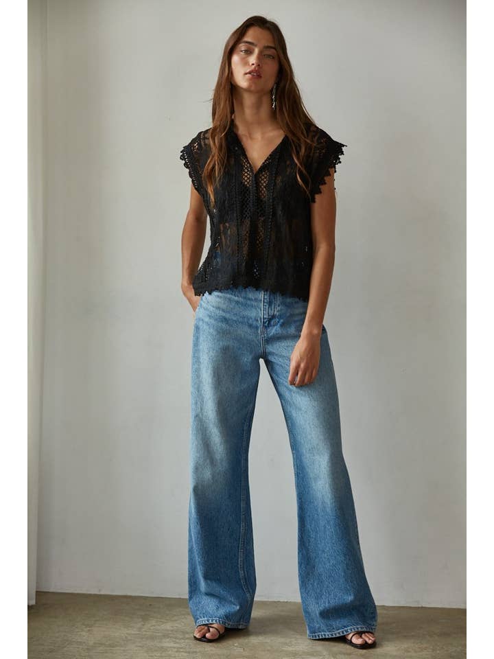 Woven Cotton Lace Top - Black
