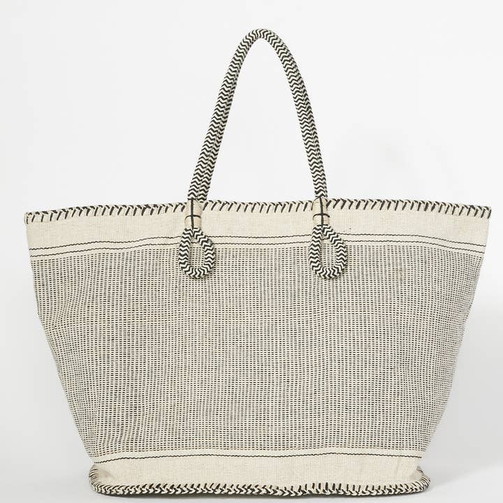 Large Woven Tote Bag - Natural/Black