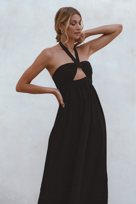 Penelope Halter Linen Maxi Dress - Black
