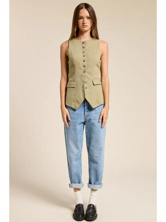 Long-Line Buttoned Vest - Khaki