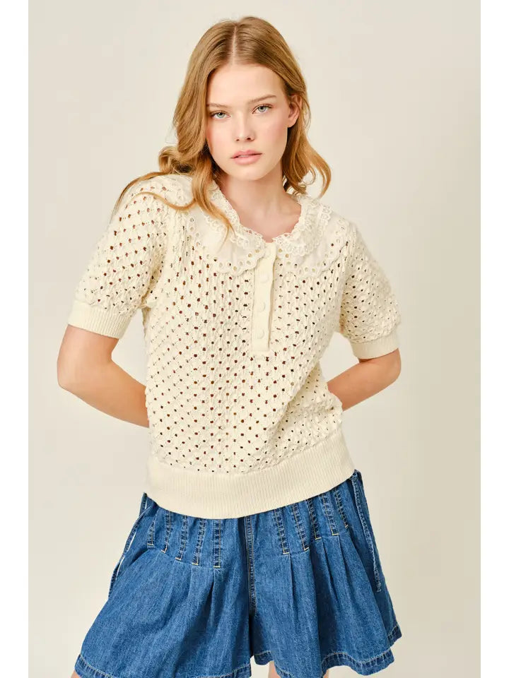 Lace Collar Crochet Top - Natural
