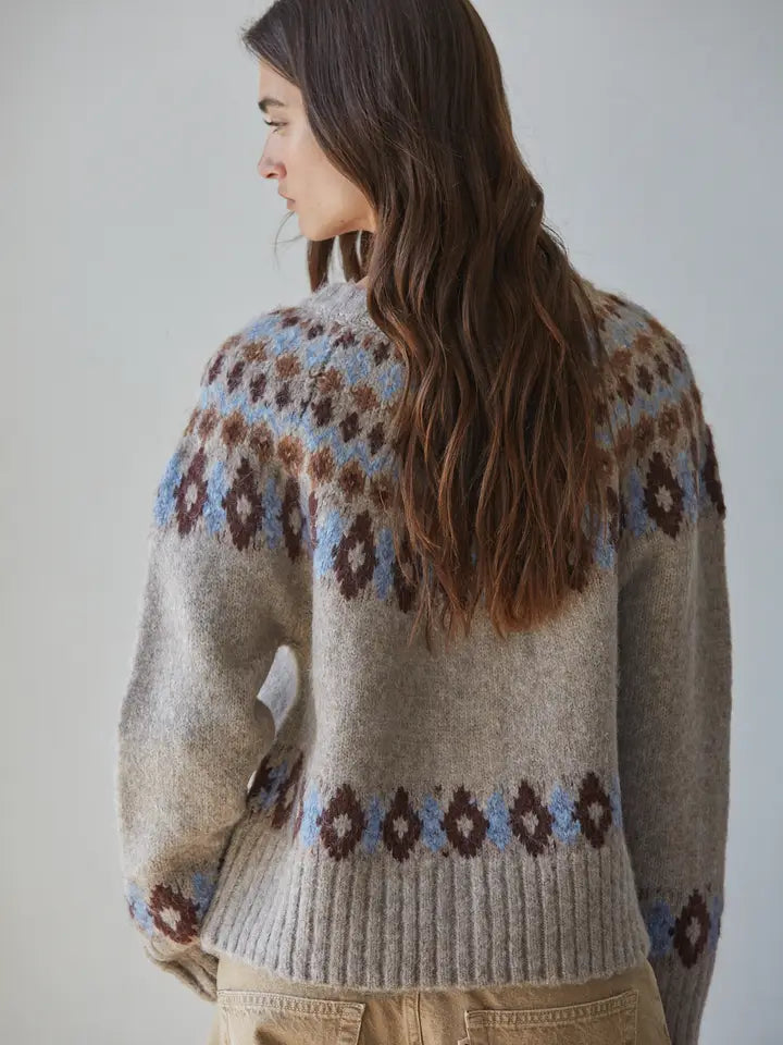 Knit Fair Isle Long Sleeve Cardigan - Mocha Blue