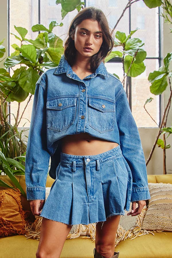 Pleated Denim Mini Skirt - Blue