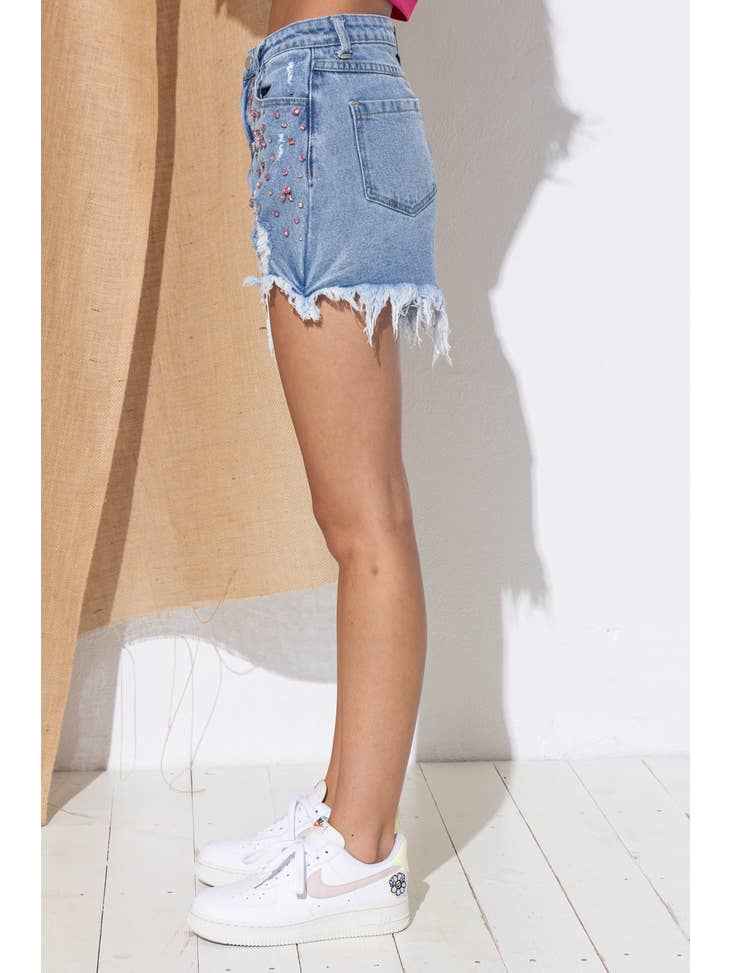 Rhinestone Gem Frayed Denim Short