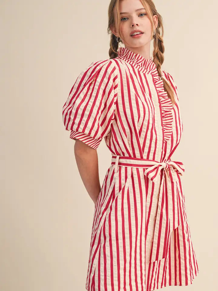 Striped Ruffled Mini Dress - Berry Red