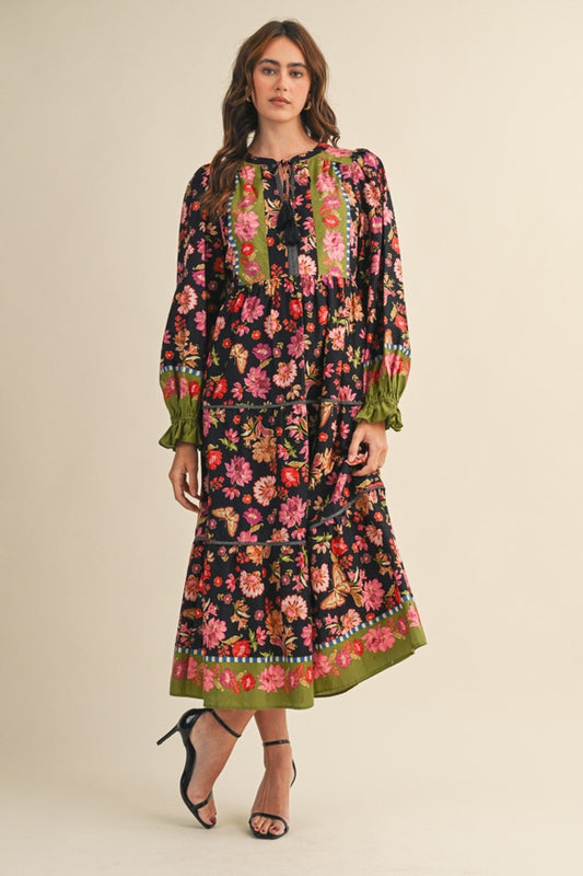 Floral Border Print Midi Dress - Black Multi